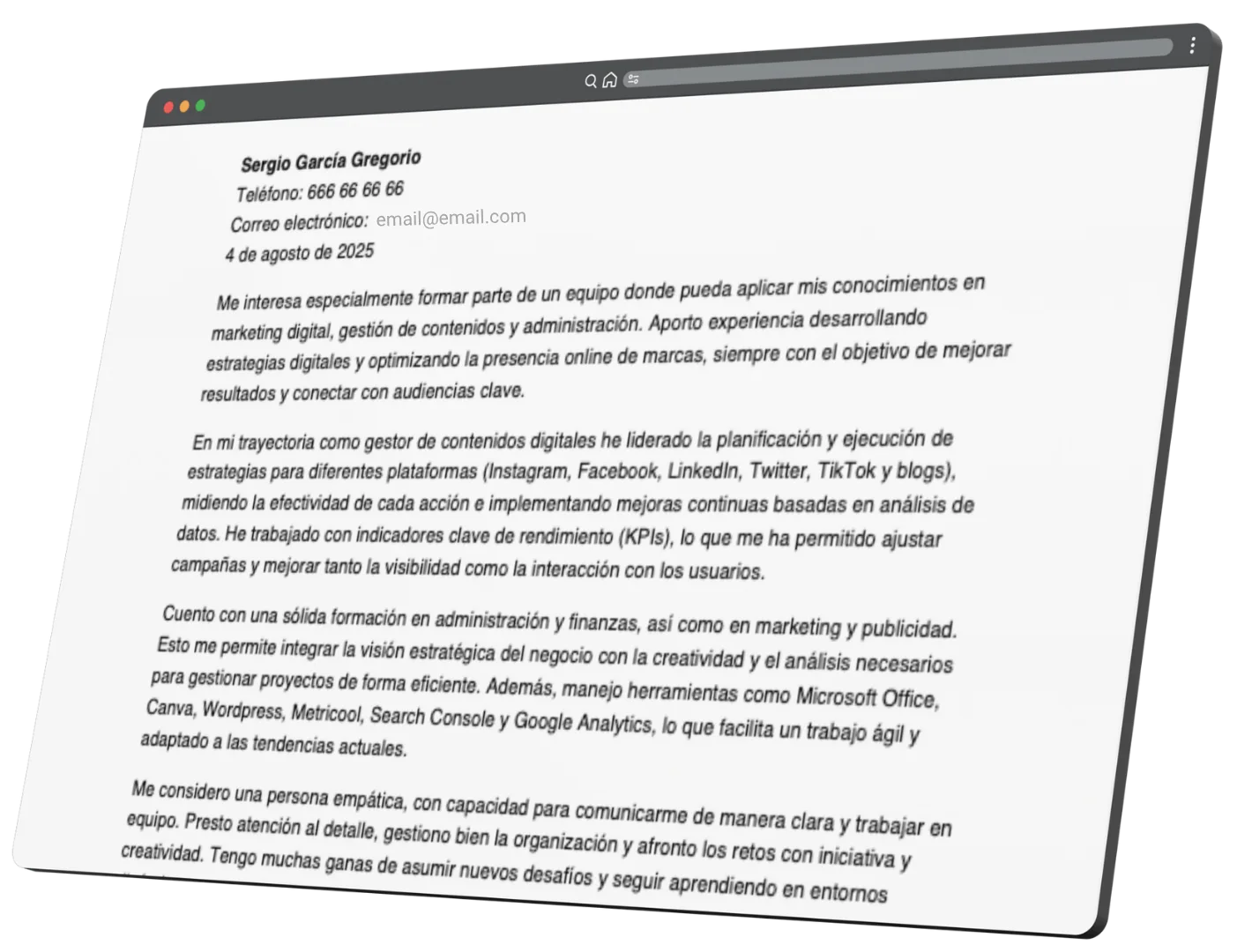Ejemplo de una carta de presentación profesional